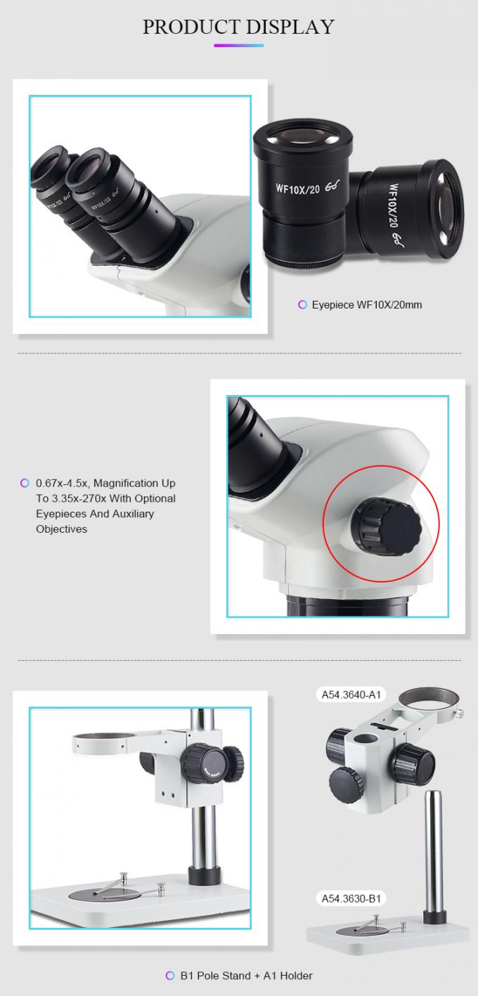 105mm Working Distance Stereo Optical Microscope With 0.67 4.5x Zoom Lens