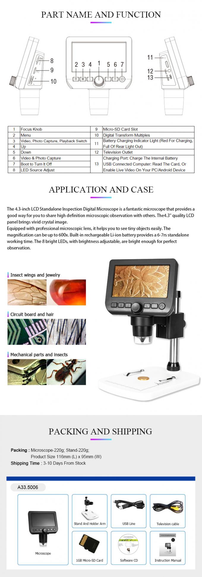 Brightness Adjustable Digital LCD Microscope DC 5V/1A Manual Focus 5mm